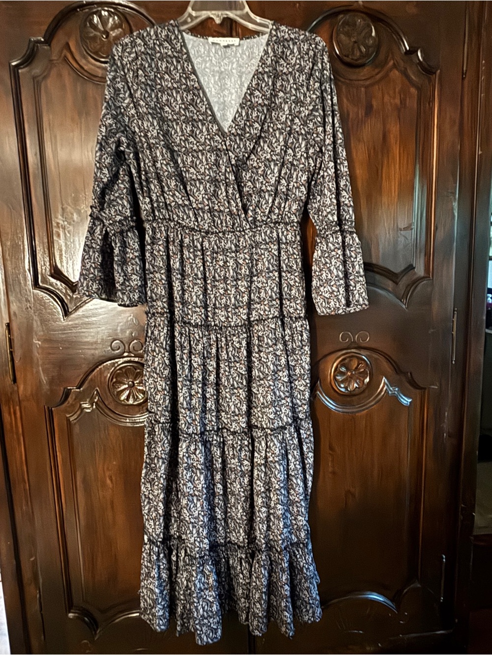 DownEast Navy and White Tiered V‑Neck Maxi Dress